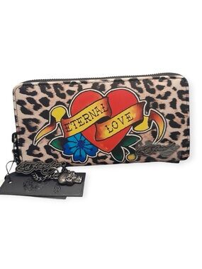 Ed Hardy Eternal Love Leopard Print Skull Wristlet Wallet Zip Around NWT